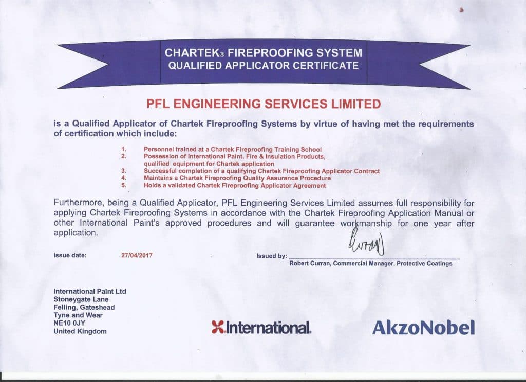PFL Engineering Services Receives Chartek Fireproofing Applicator Certificate