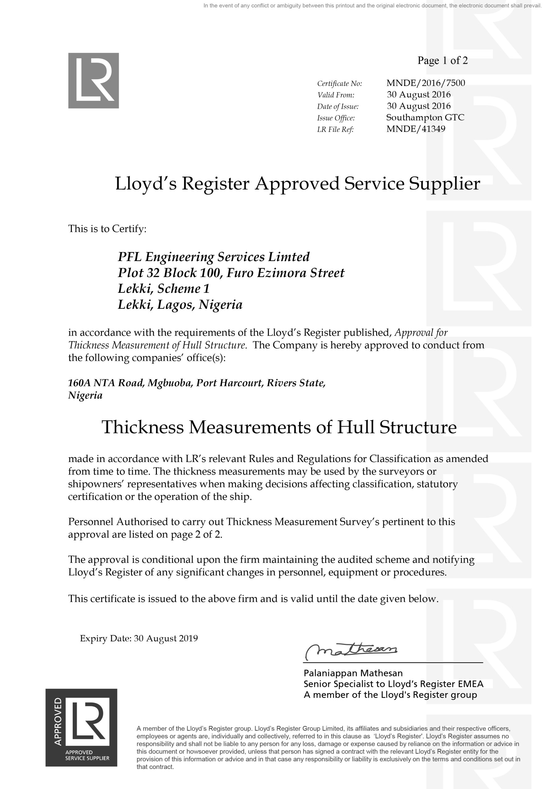 PFL Engineering Services Receives Lloyd’s Register Approved Service Supplier Status