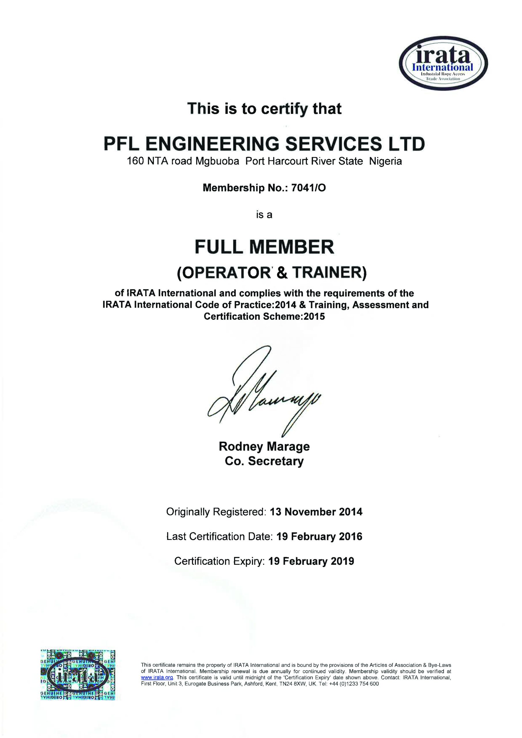 PFL IRATA FULL MEMBERSHIP CERTIFICATE- OPERATOR & TRAINER