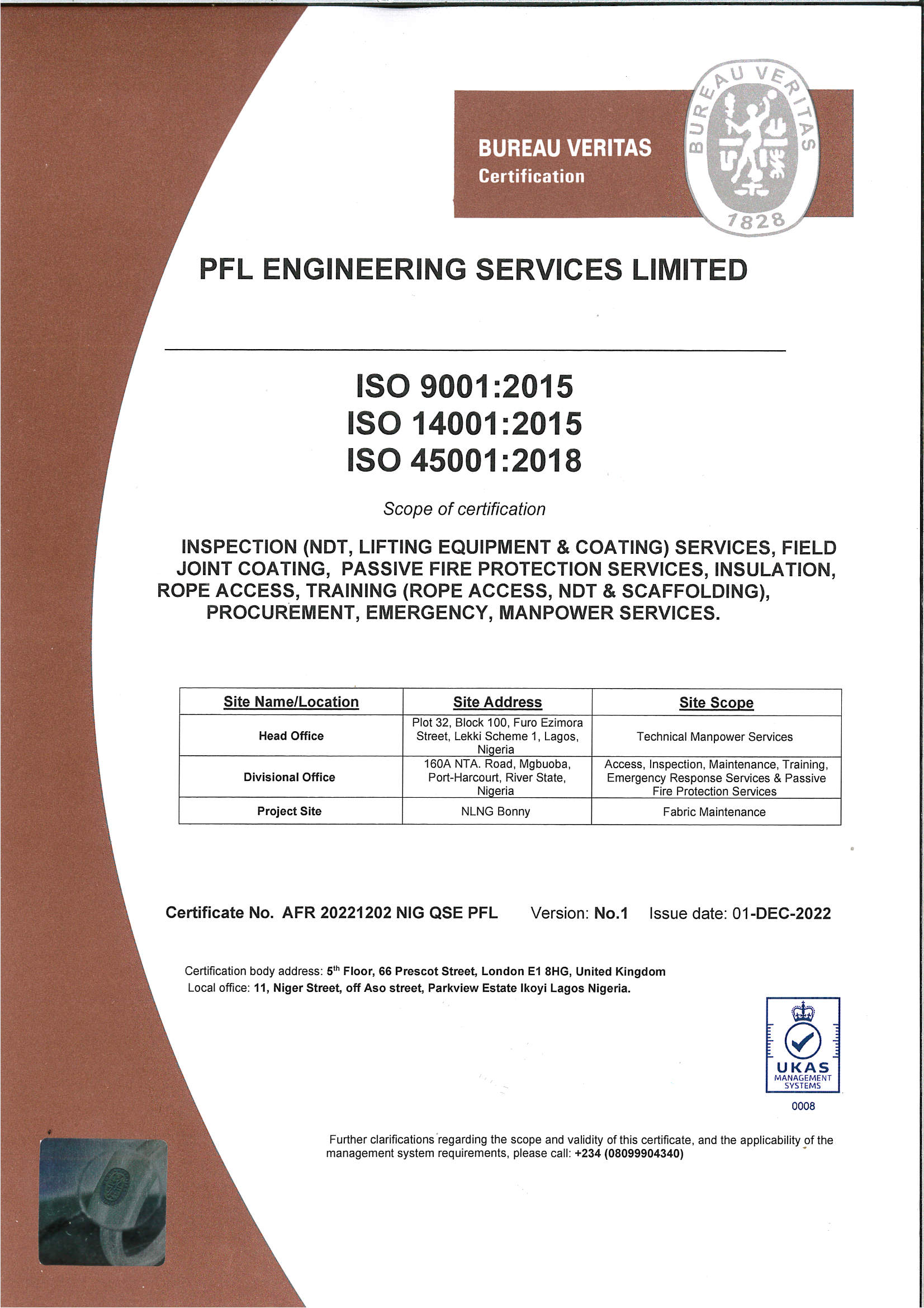 ISO 9001:2015, ISO 14001:2015, ISO 45001:2018